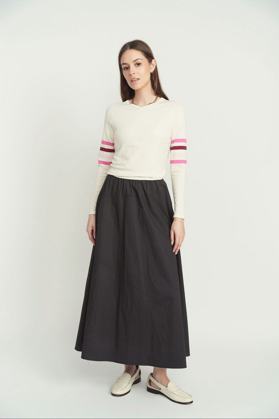 Point Cream Sleeve and Pink Stripe Top