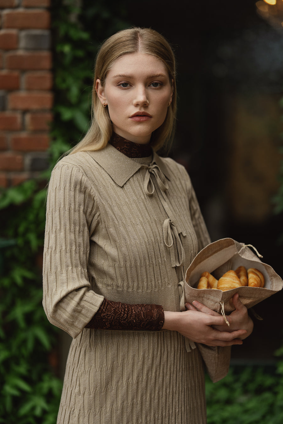 Point Champagne Metallic Knit Bow Cardigan
