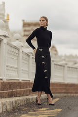 Ellie Makir Rhinestone Bow Black Midi Skirt