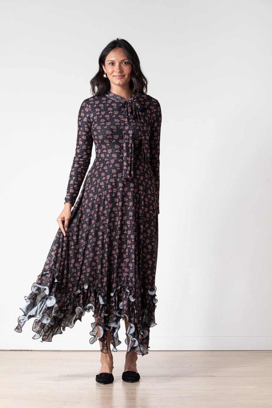 Lunella Red Floral Bow at Neck Dress