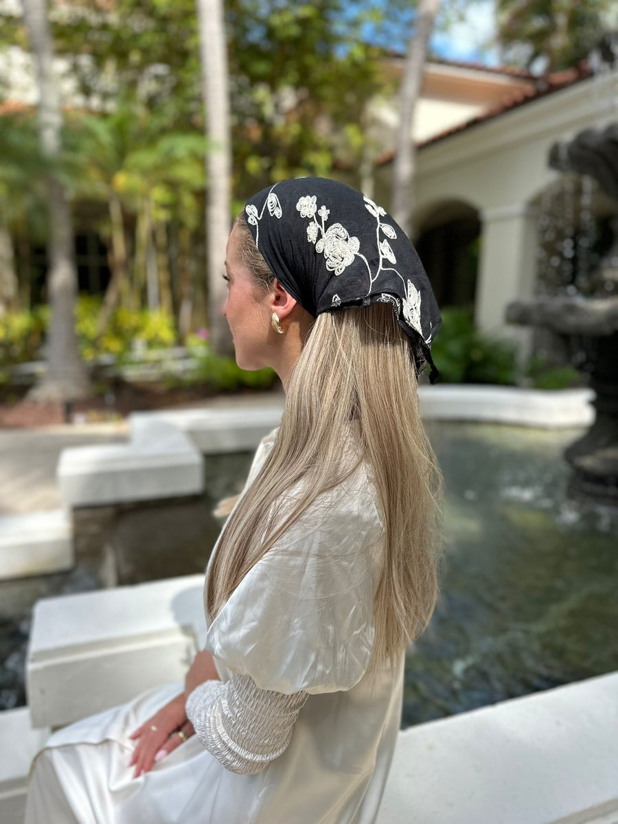 The Scarf Bar Embroidery Floral Cotton Bandana Black