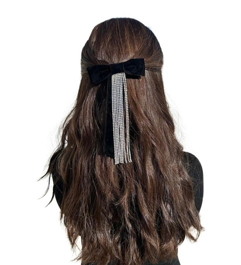 Nic Velvet Bow with Hanging Crystals Barrette