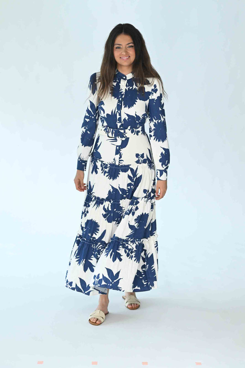 Maple Cliff Bold Floral Blue Tiered Button Down Dress
