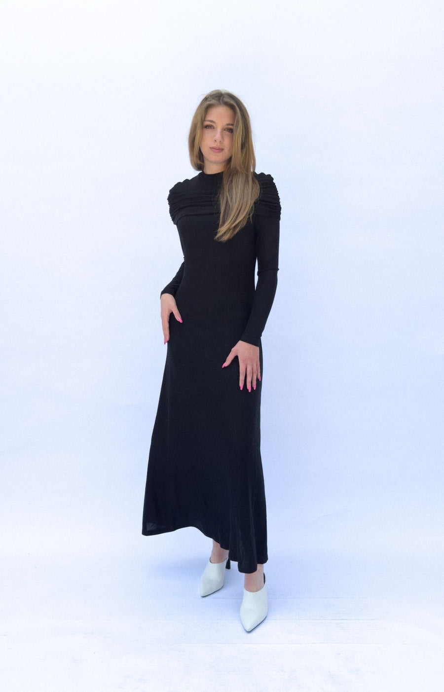 Nina Shoulder Drape Black Dress