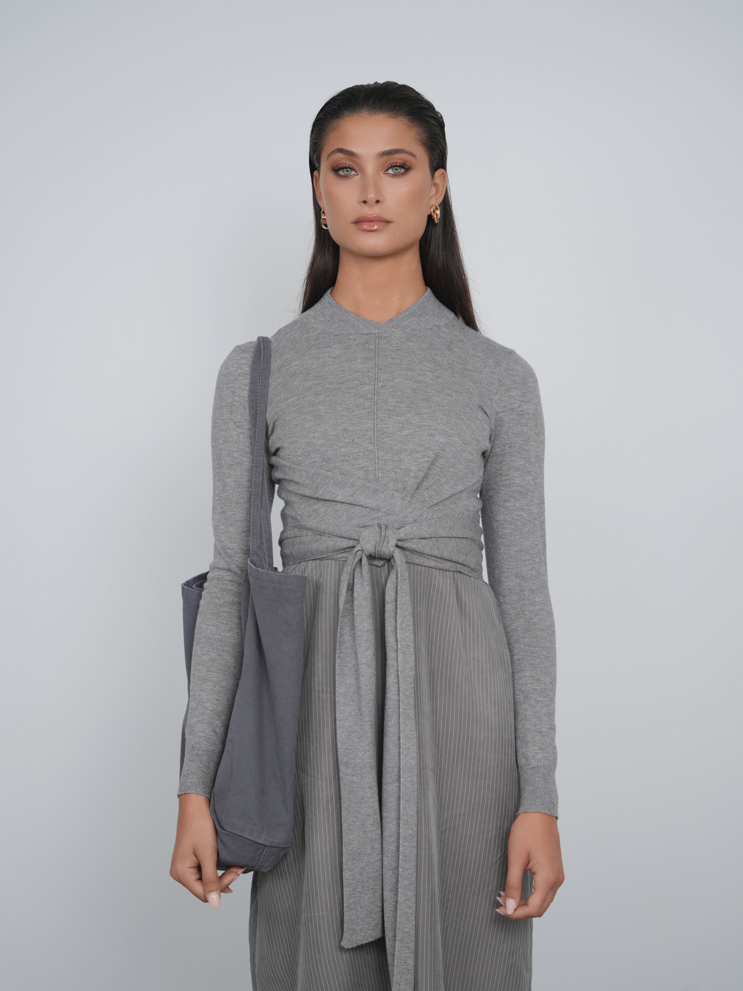 Point Mandarin Neck Wrap Top in Black and Brown