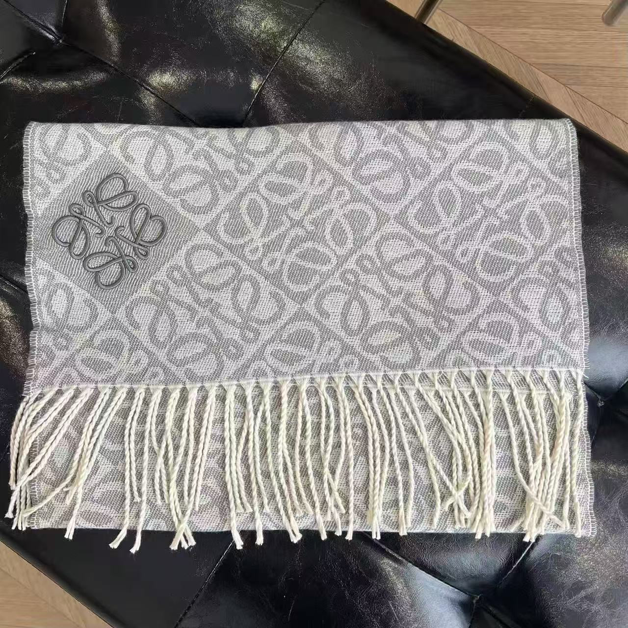 Loewe Beige Wool Allover Logo Scarf with Fringe