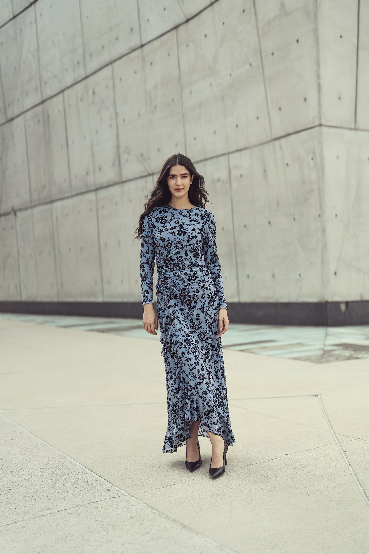 Japparel Janet Blue Floral Dress with Side Shirring