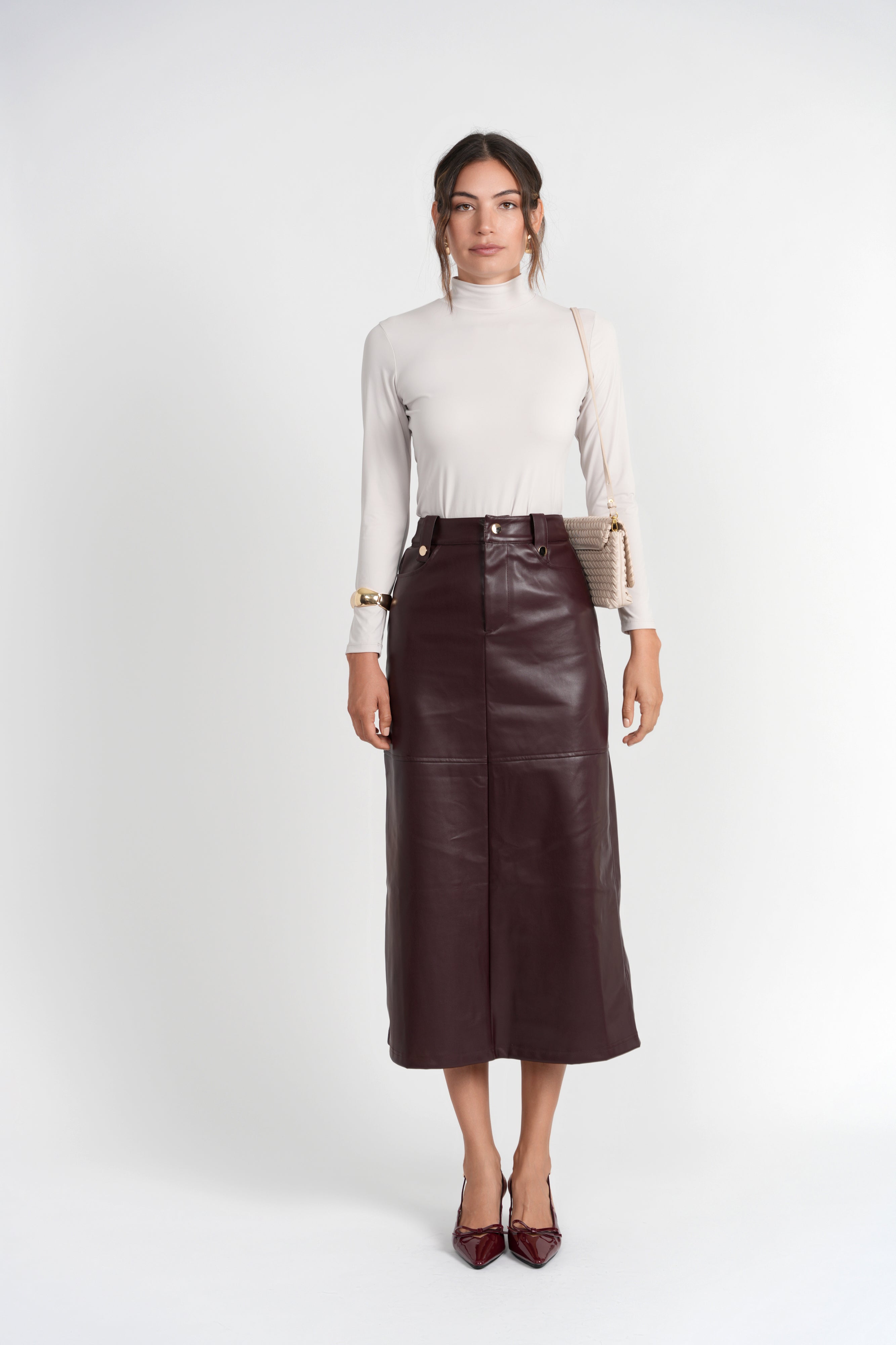 Luum Tanya Burgundy Leather Aline Skirt with Gold Buttons