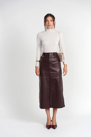 Luum Tanya Burgundy Leather Aline Skirt with Gold Buttons