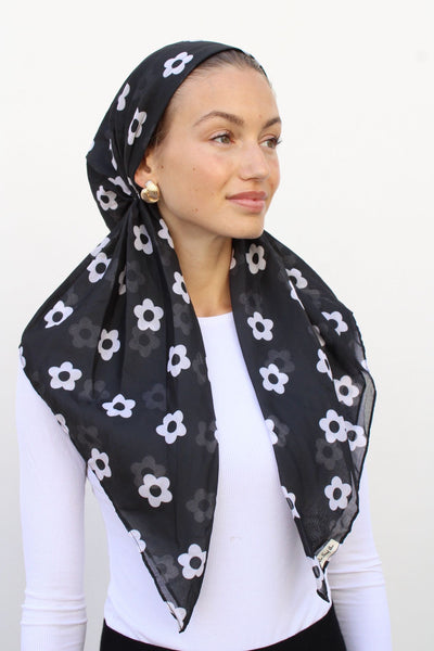 The Scarf Bar Boho Black Daisy Classic Pre Tied with Velvet Grip