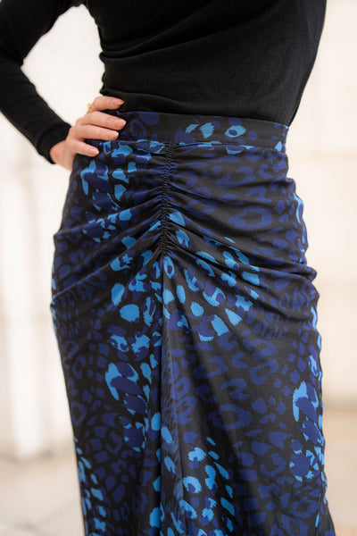 Adina Ruched Front Cobalt Leopard Mesh Skirt