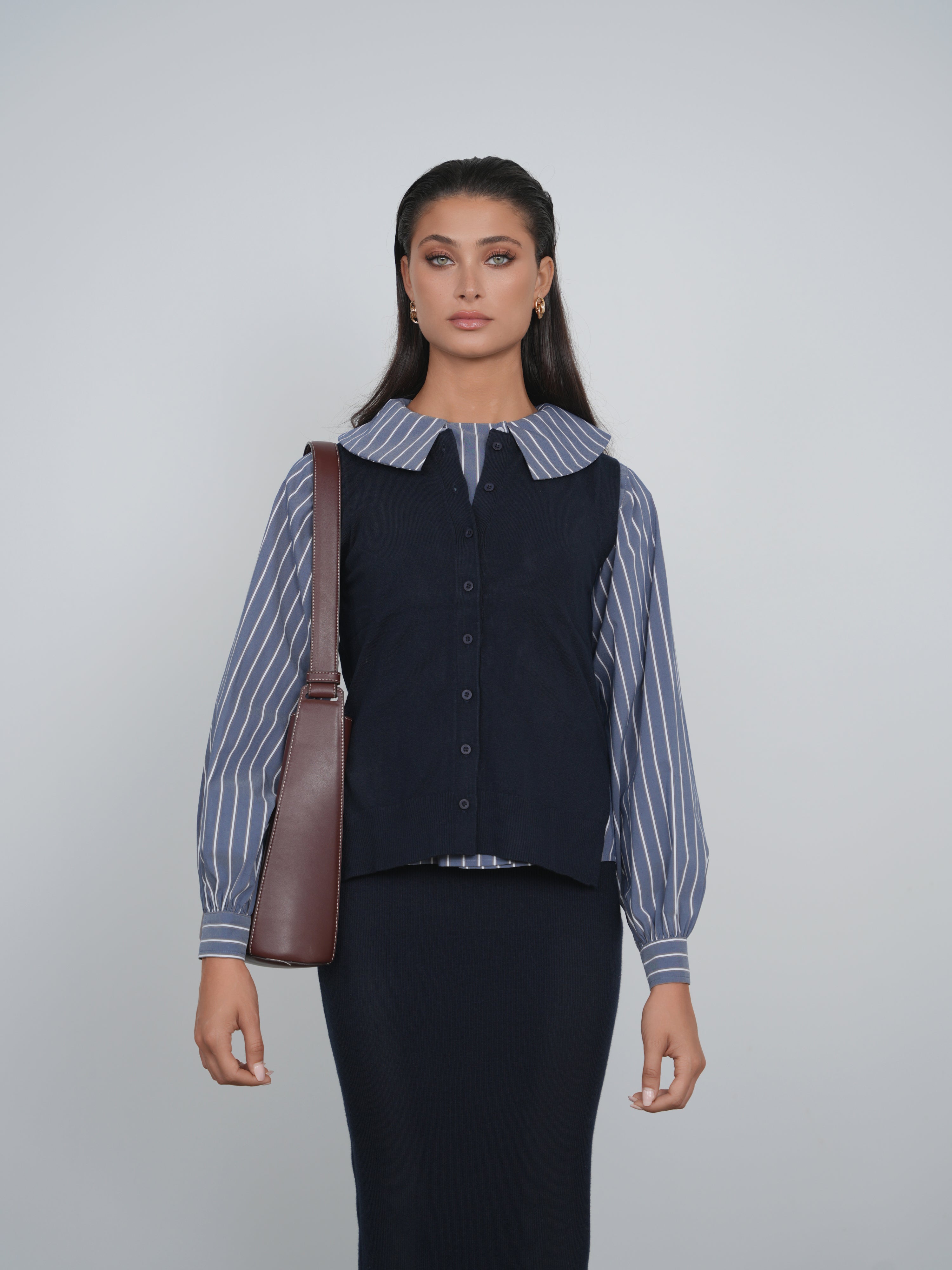 Point Double Breasted Navy Stripe Button Down Shirt