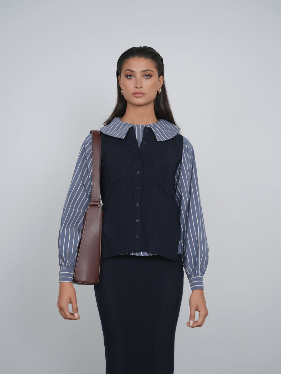 Point Double Breasted Navy Stripe Button Down Shirt