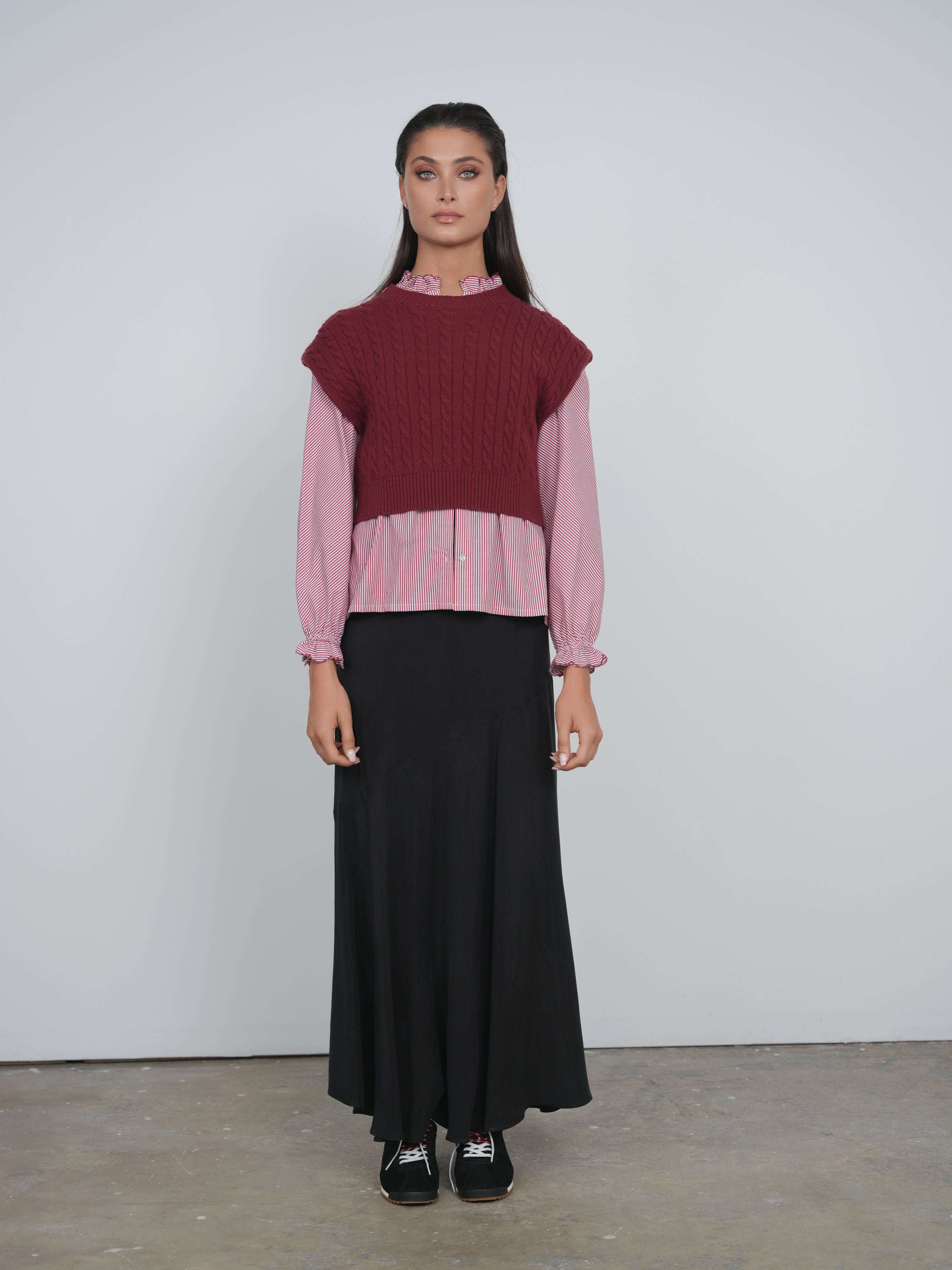 Point Brushed Seam Skirt in Chocolate Brown and Black