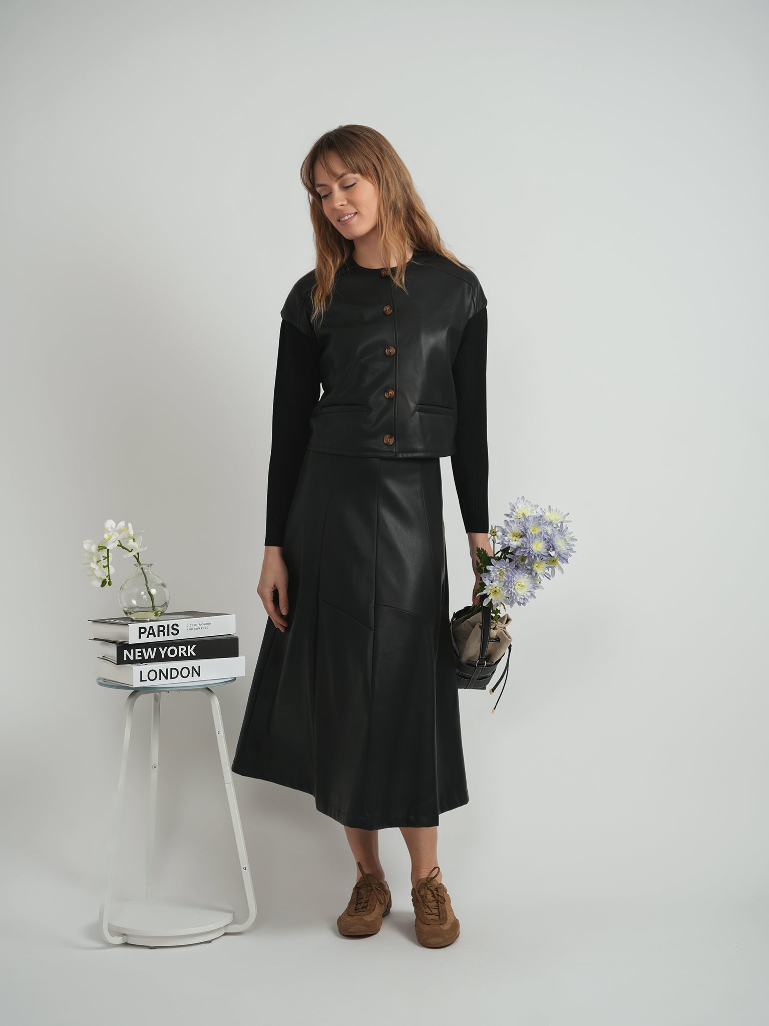 Versatile Paneled Leather Midi Skirt