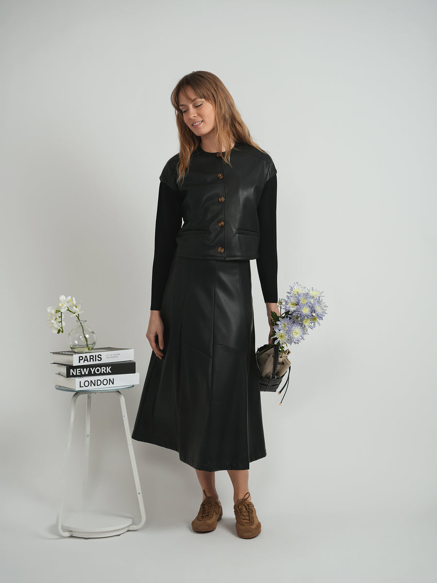 Versatile Paneled Leather Midi Skirt