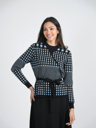 Birt Checker Wrap Knit Mock Neck  Sweater