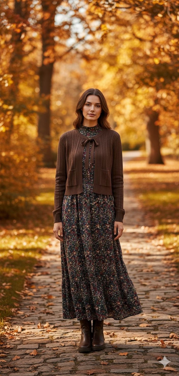 Point Lux Tie Cardigan in Black and Brown (coordinates with Straight Rib Skirt)