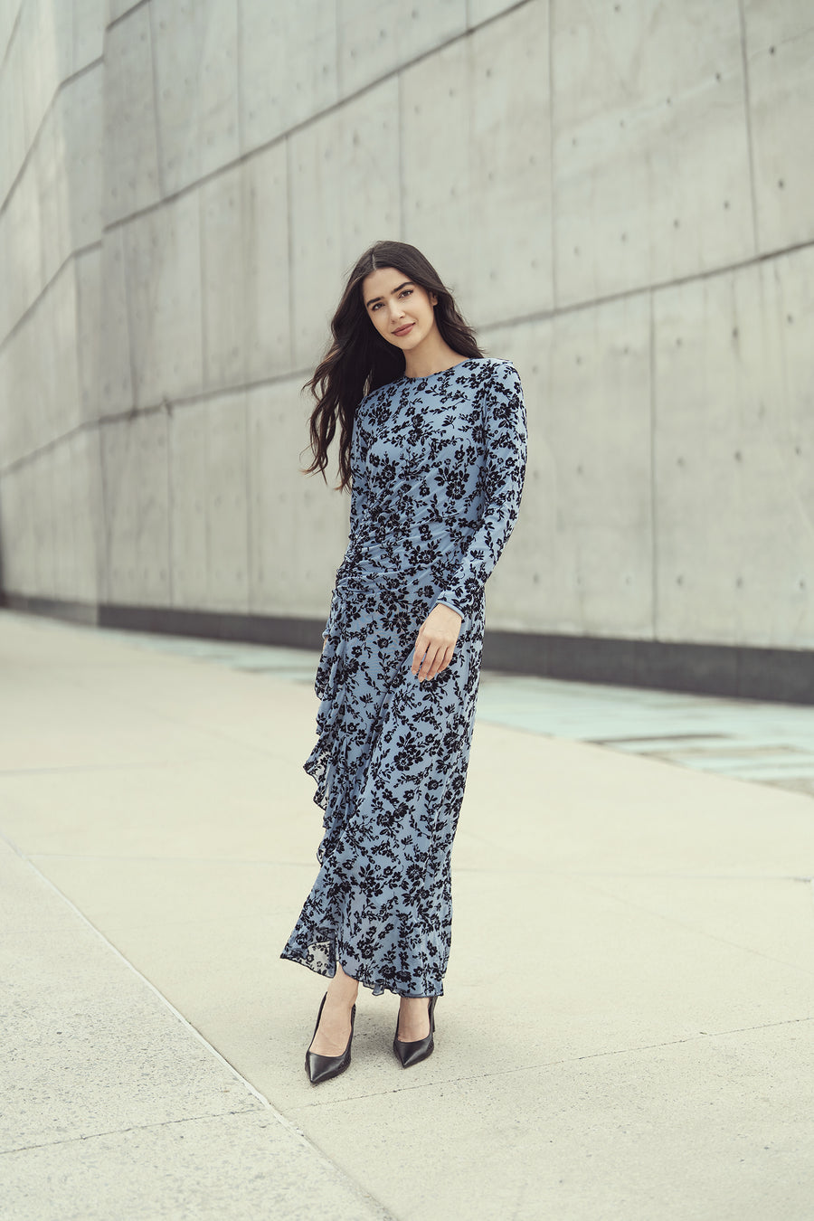 Japparel Janet Blue Floral Dress with Side Shirring