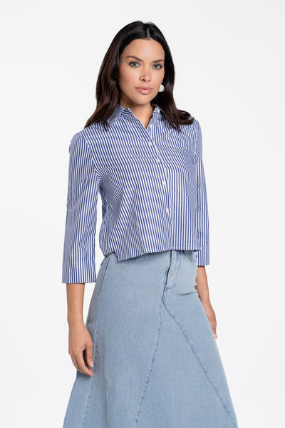 Luum Kendall 3/4 Sleeve Blue Stripe Button Down Shirt