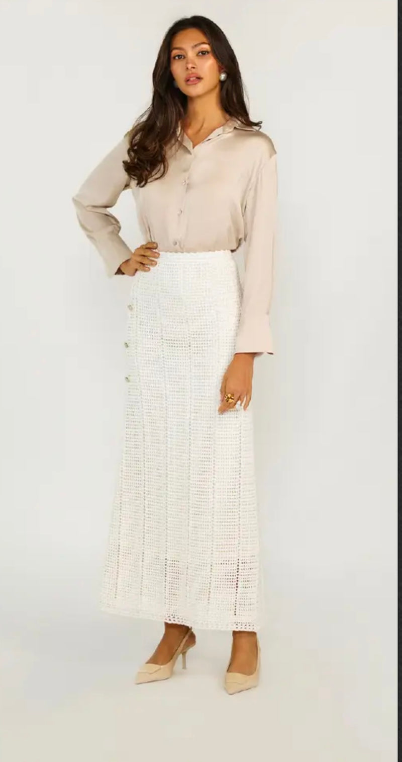 Ellie Makir White Knit Maxi Skirt