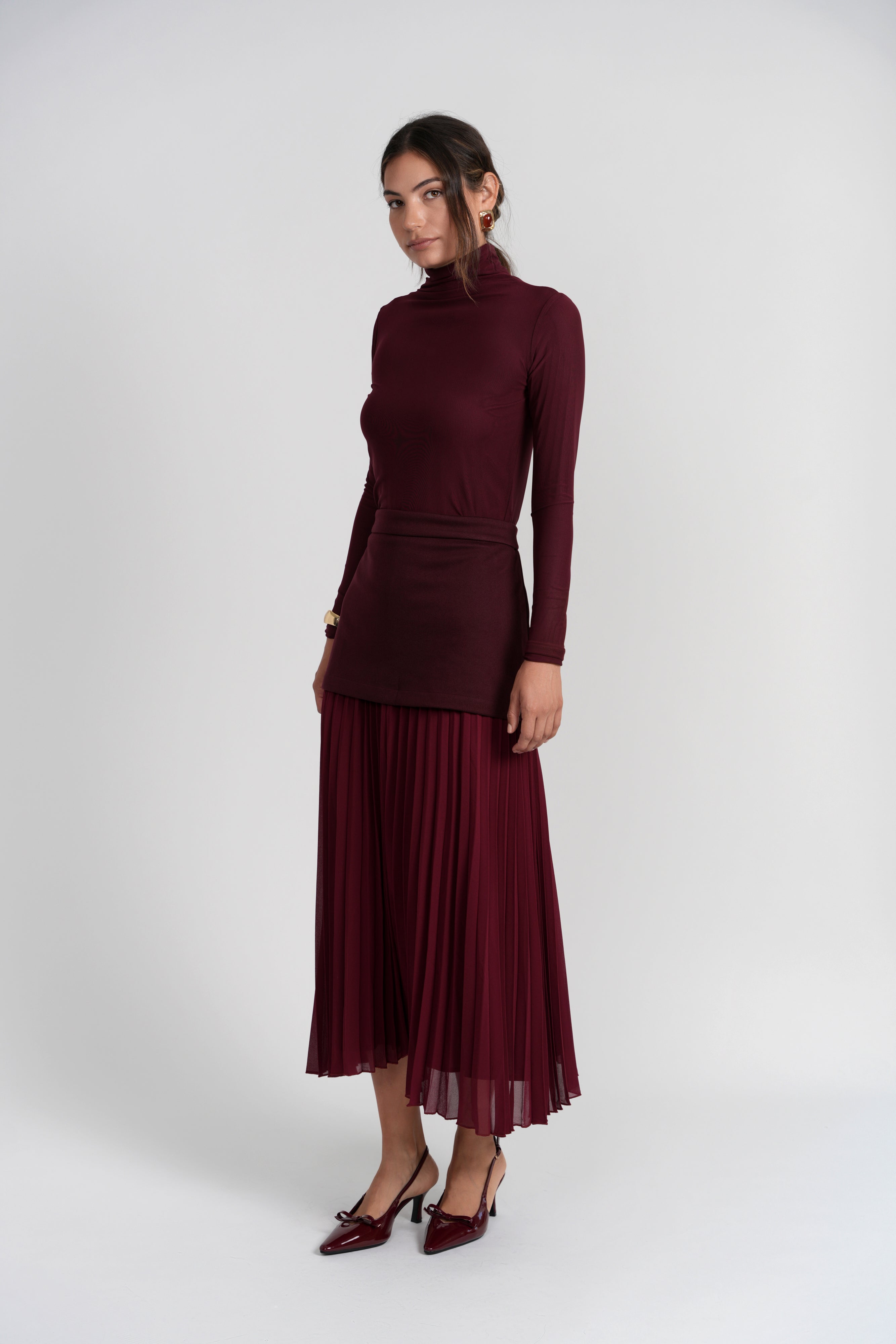 Luum Rose Burgandy Maxi Skirt with Chiffon Pleats
