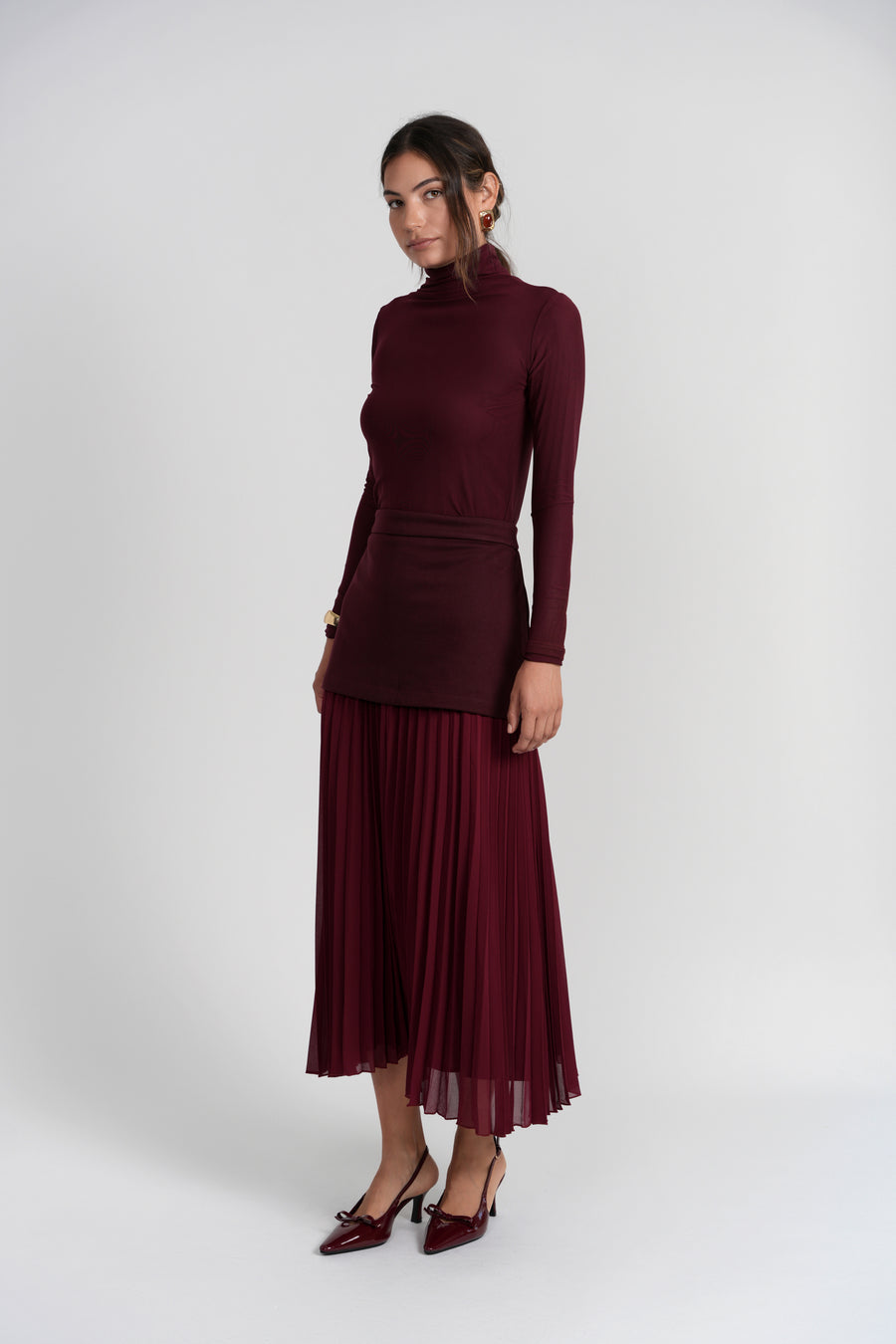 Luum Rose Burgandy Maxi Skirt with Chiffon Pleats