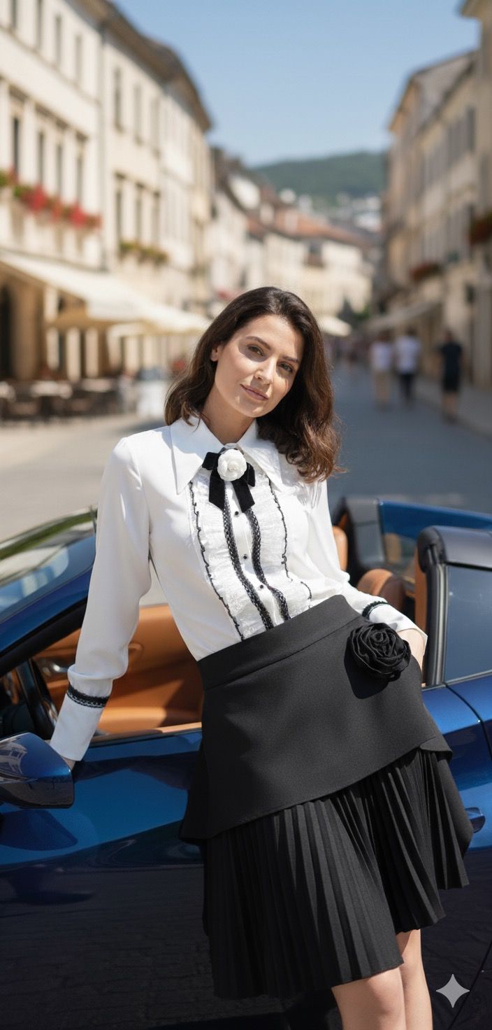Beulah White Blouse with Black Trim and White Flower