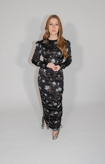 Nina Black Floral Drawstring Dress