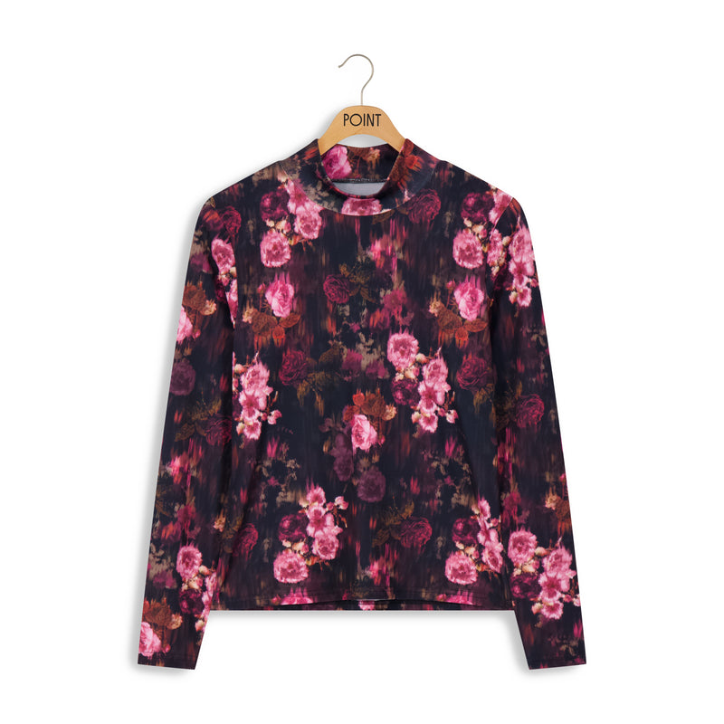 Point Printed Mock Neck Digital Roses