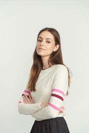 Point Cream Sleeve and Pink Stripe Top