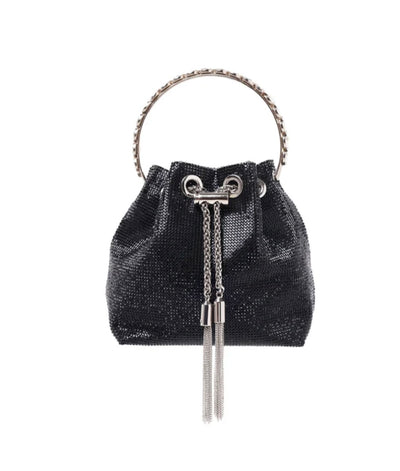 Sondra Roberts Black Lina Drawstring Bag with Gem Handle and Chain Strap