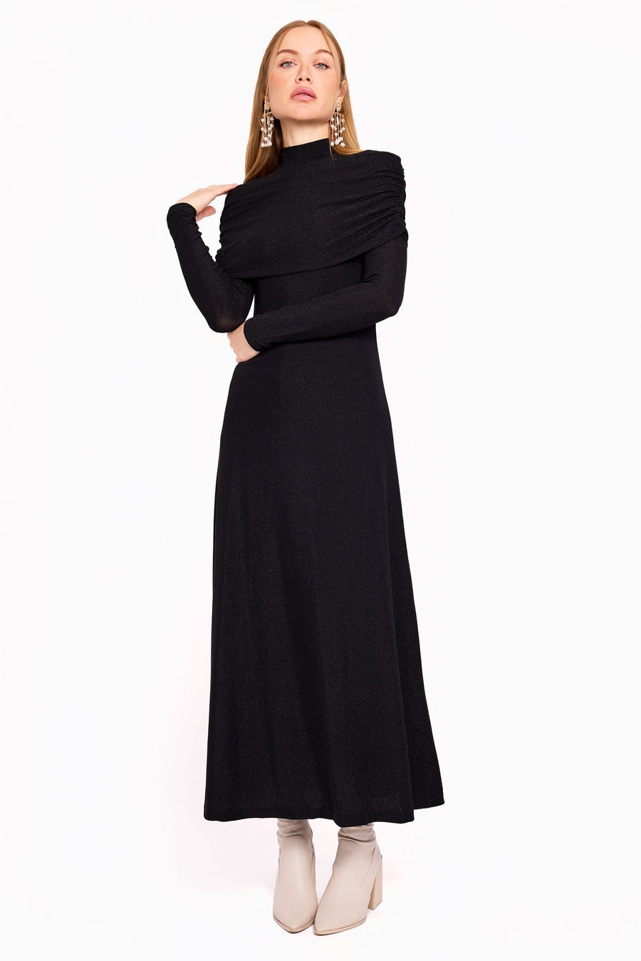 Nina Shoulder Drape Black Dress