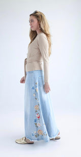 Byrd Stella Embroidered Floral Denim Skirt