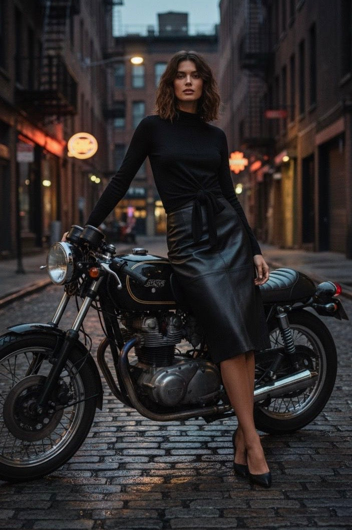 Point Mandarin Neck Wrap Top in Black and Brown