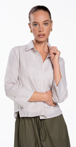 Luum Kendall 3/4 Sleeve Tan Stripe Button Down Shirt