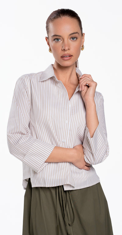 Luum Kendall 3/4 Sleeve Tan Stripe Button Down Shirt