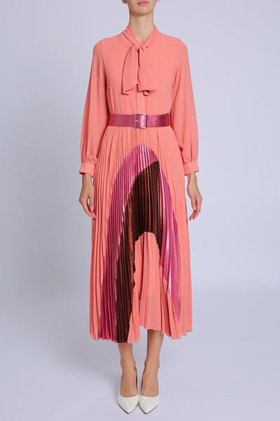 Beulah Pink Pleated Belted Dress