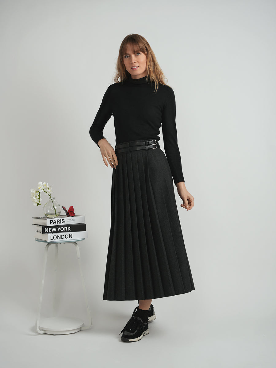 Moss Charcoal Double Belted Pleated Skirt