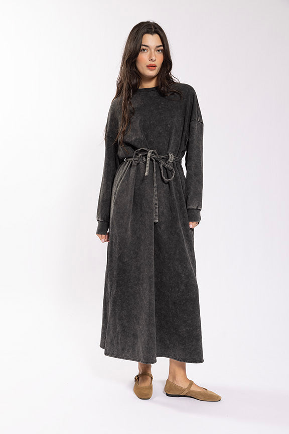Latitude Black Washed Belted Sweatdress