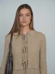 Point Champagne Metallic Knit Bow Cardigan