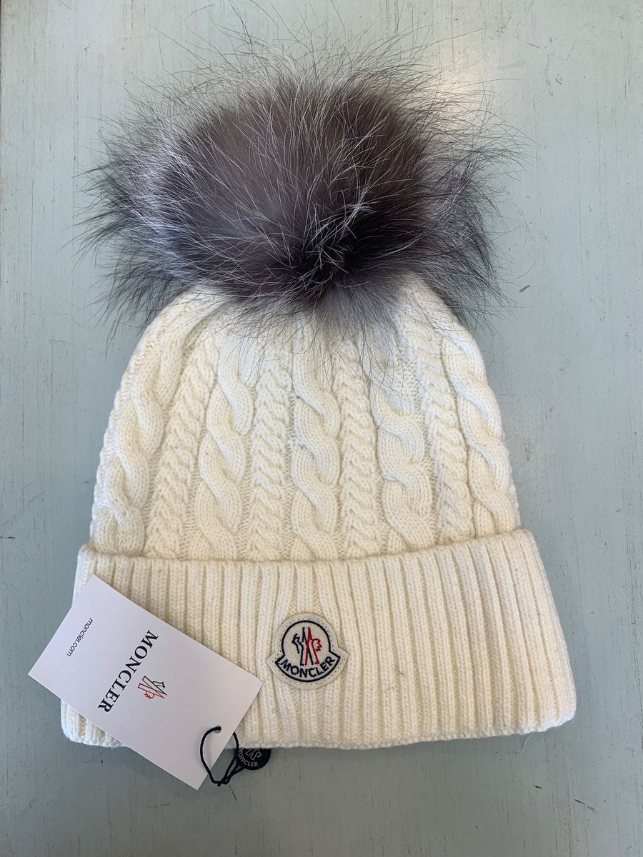 FHTH Moncler Cable Knit Fur Pom Cuff Hat