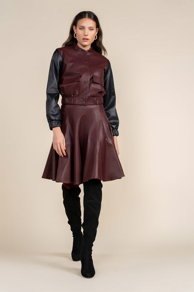 Apparalel Blys Leather Bomber Jacket in Merlot/black (coordinating skirt)