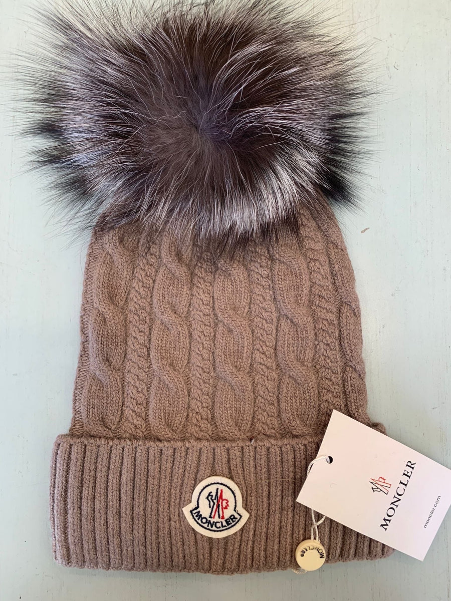FHTH Moncler Cable Knit Fur Pom Cuff Hat