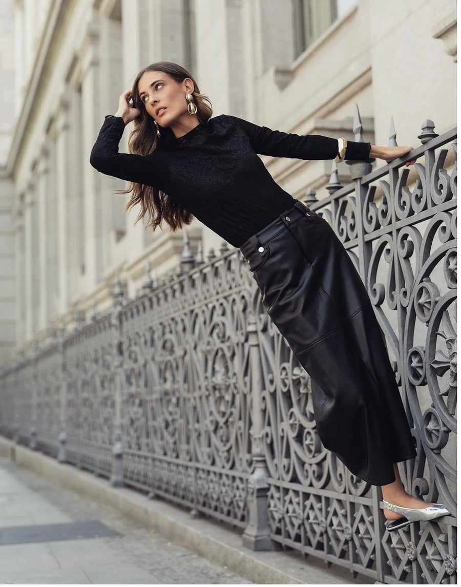 Luum Tanya Black Leather Aline Skirt with Gold Snaps