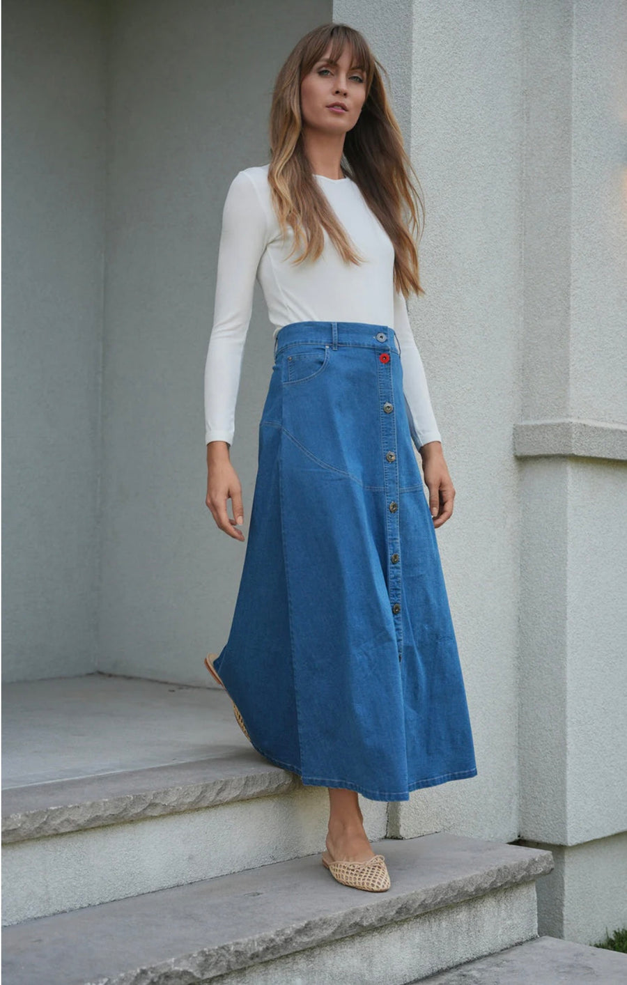 Faves Flair Denim Button Maxi Skirt