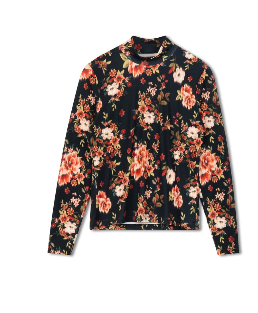 Point Blurred Floral Mock Neck Top