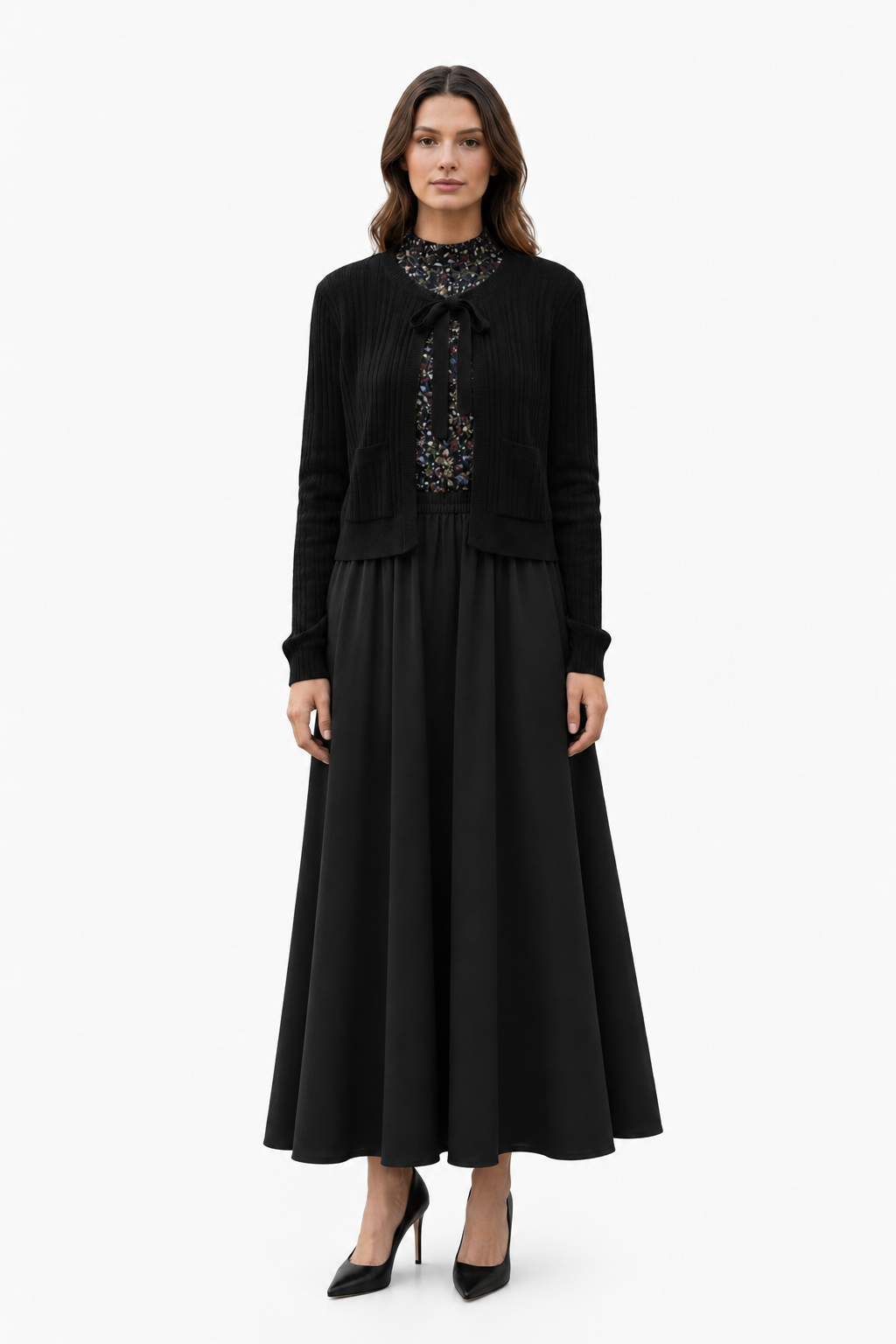 black leather dress long sleeve Point Lux Tie Cardigan in Black and Brown Chocolate / XL