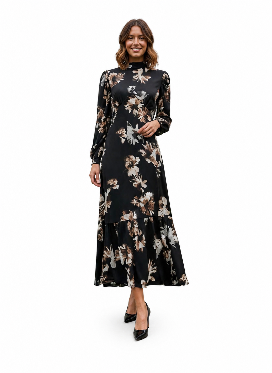 Soie Large Floral Empire Waist Dress Black / S Soie Large Floral Empire Waist Dress Black / S