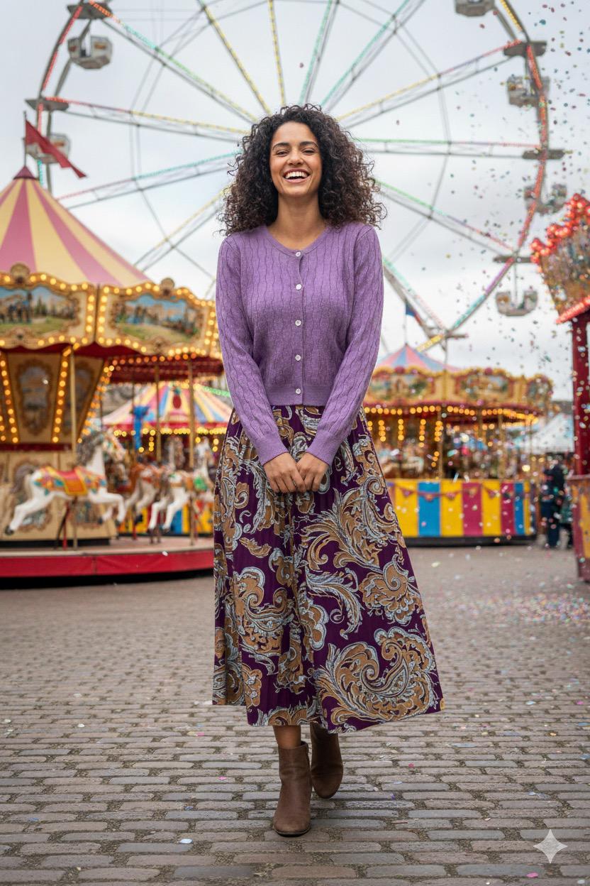 Point Checker Knit Cardigan in Lilac and Cream